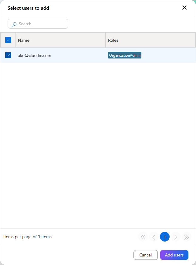 The Select users to add pane with one user selected and the Add users button