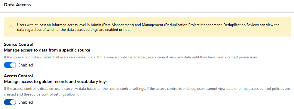 The Data Access section in Administration Settings with the Source Control and Access Control toggles both enabled