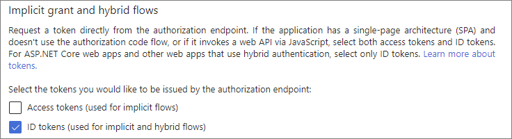 Implicit grant and hybrid flows section with the ID tokens checkbox selected and Access tokens cleared