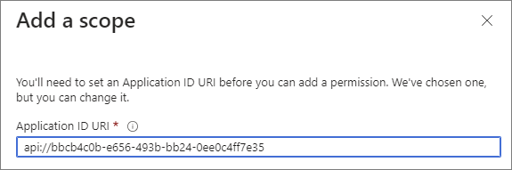 Add a scope pane with the default Application ID URI in the api:// GUID format