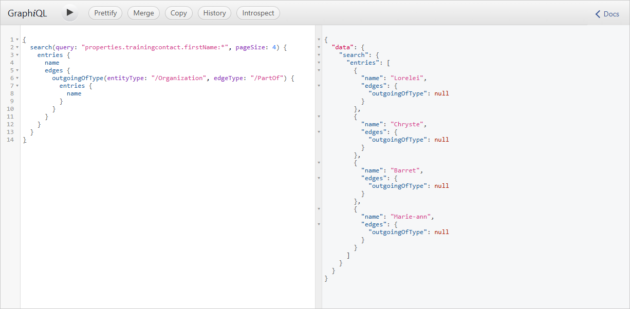 GraphiQL with a search query expanding outgoing edges of type /PartOf to /Organization, and four results where outgoingOfType is null