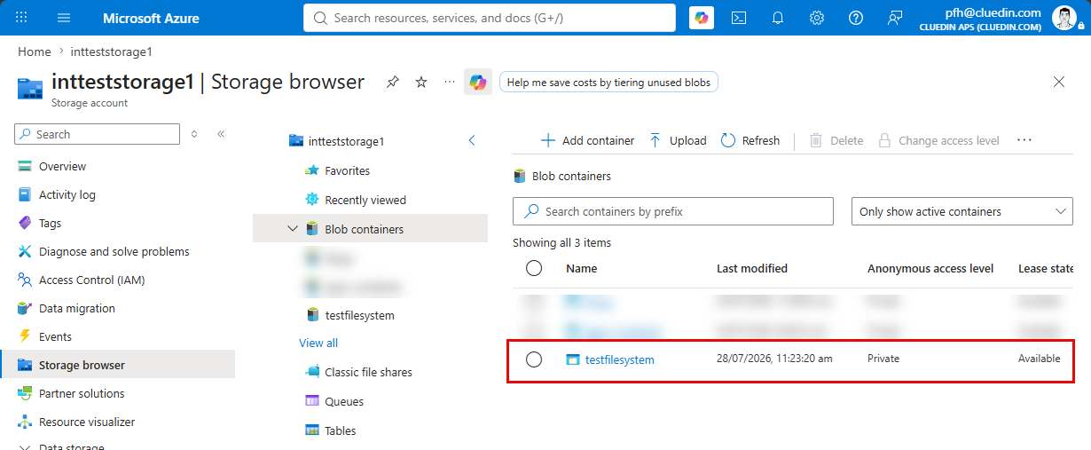 Azure portal Storage browser listing blob containers, with the testfilesystem container highlighted