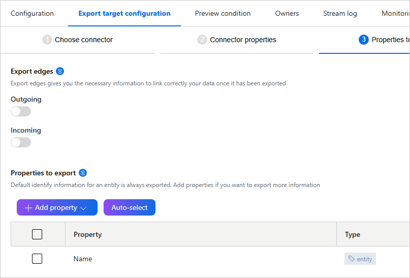 Properties to export step of a stream's Export target configuration, with the Name property in the list