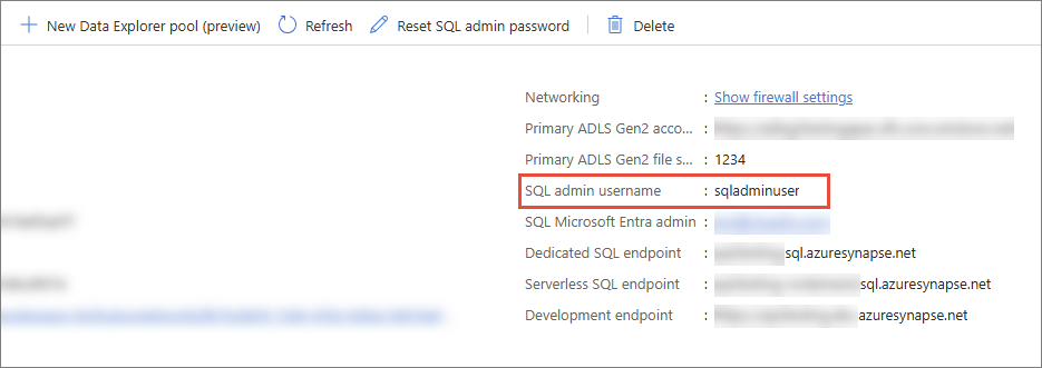 Azure Synapse workspace Overview page with the SQL admin username value highlighted