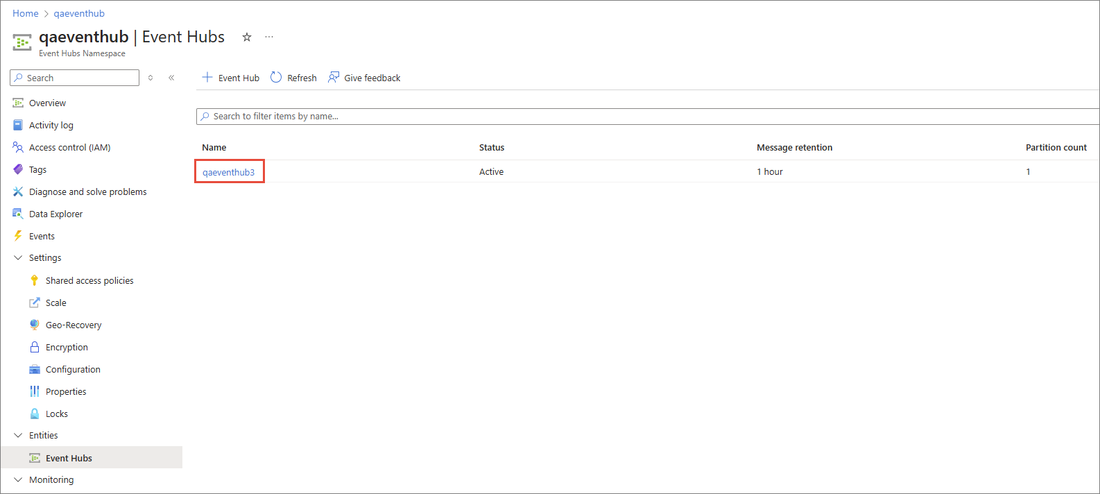 Azure portal Event Hubs namespace page listing event hubs, with the event hub name qaeventhub3 highlighted