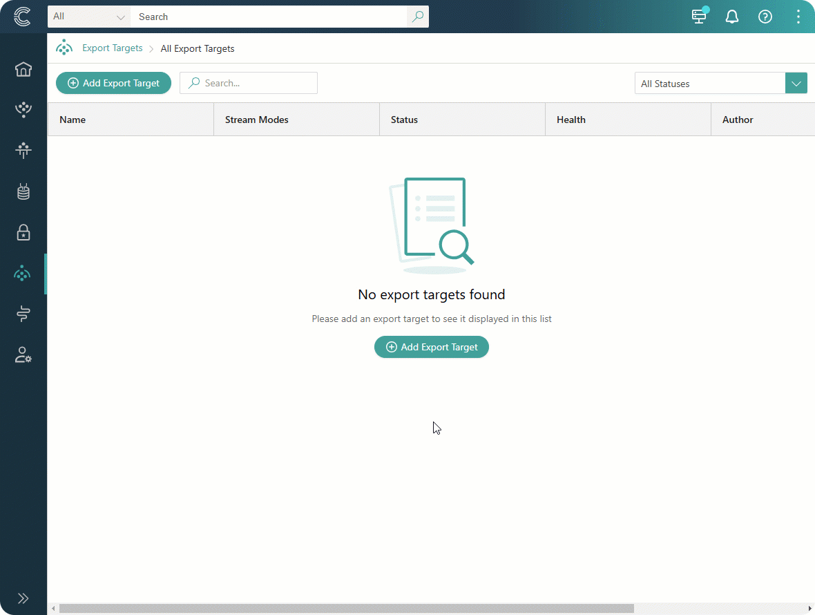 Animation: selecting Add Export Target, choosing a target on the Choose Target tab, entering connection details on the Configure tab, testing the connection, and adding it