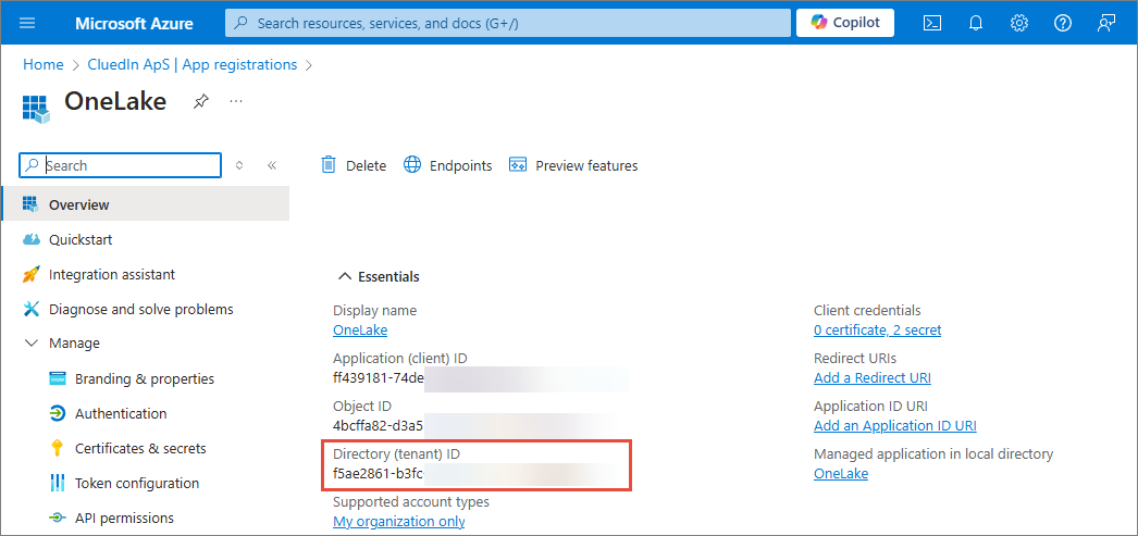 OneLake app registration Overview page in the Azure portal with the Directory (tenant) ID highlighted