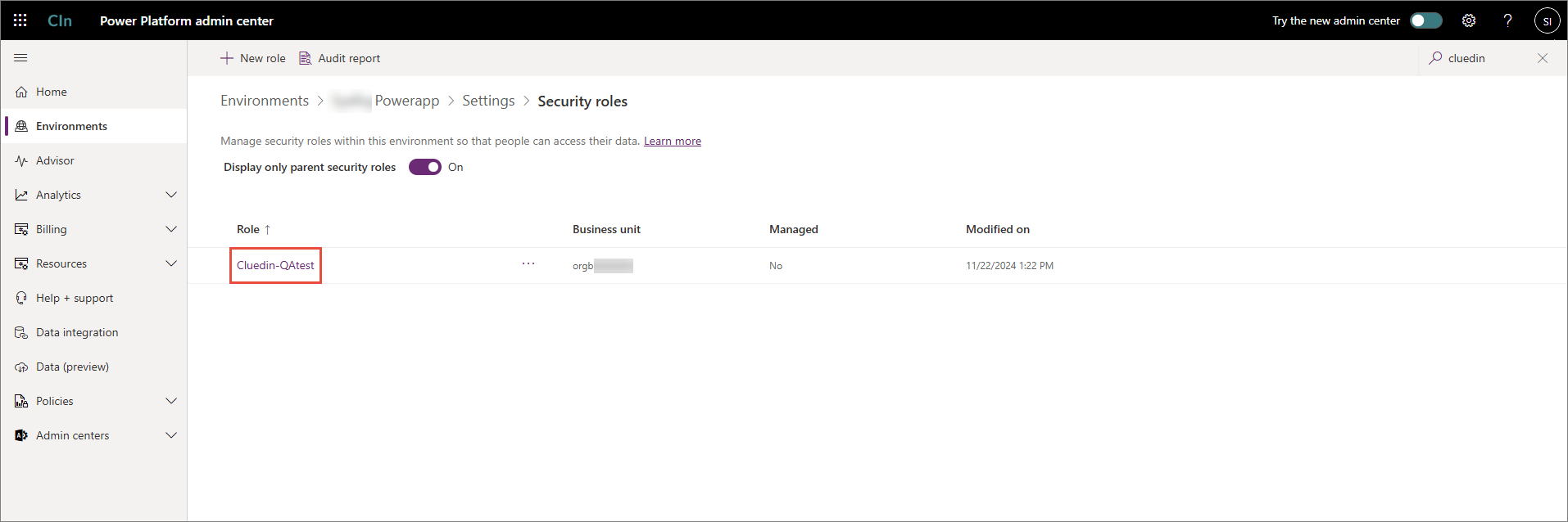 Security roles list filtered to show the newly created Cluedin-QAtest role, highlighted