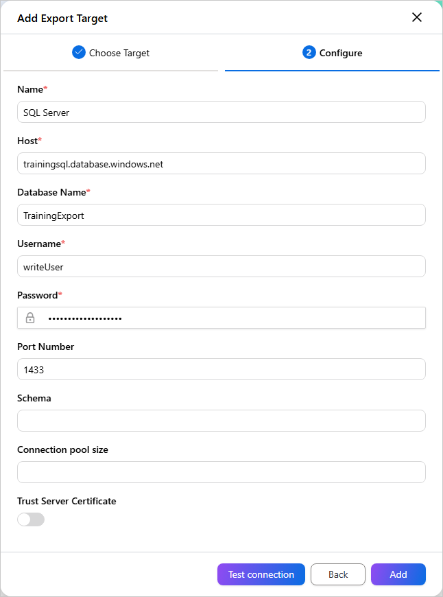 Configure tab with Name, Host, Database Name, Username, Password and Port Number filled in, and the Test connection and Add buttons