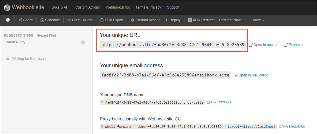 Webhook.site page with Your unique URL highlighted