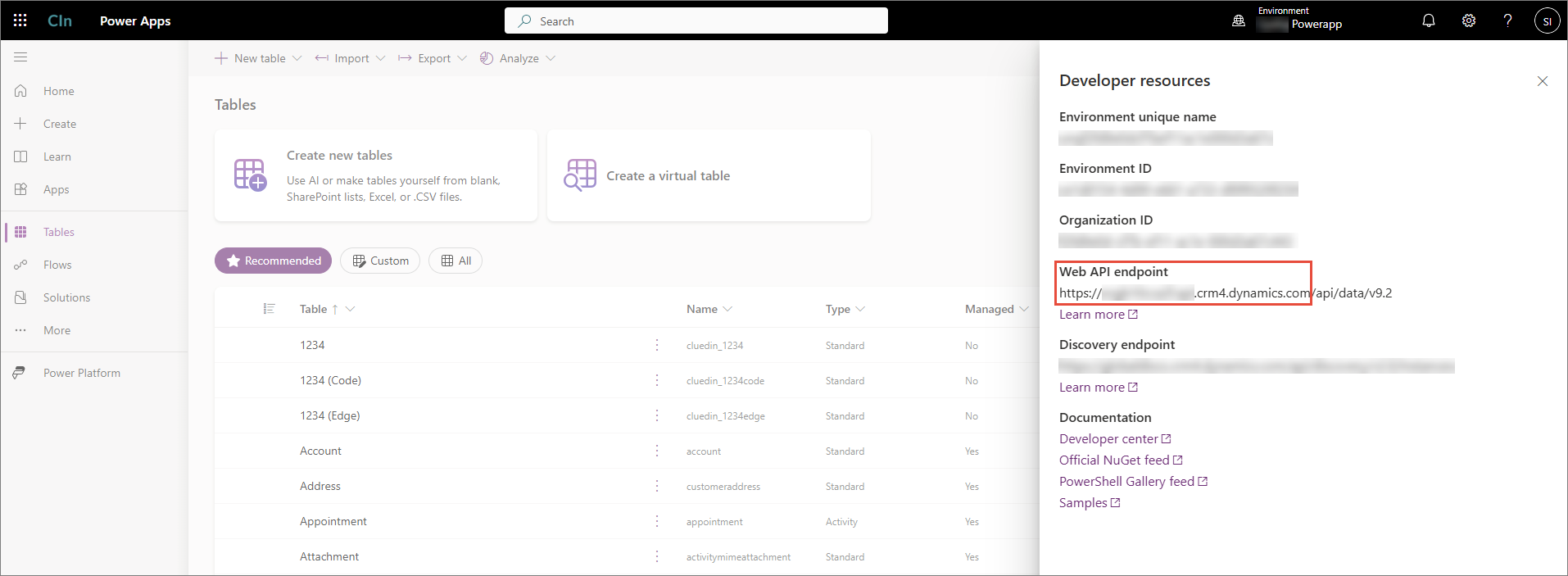 Power Apps Developer resources pane with the Web API endpoint URL highlighted, excluding the /api/data/v9.2 part