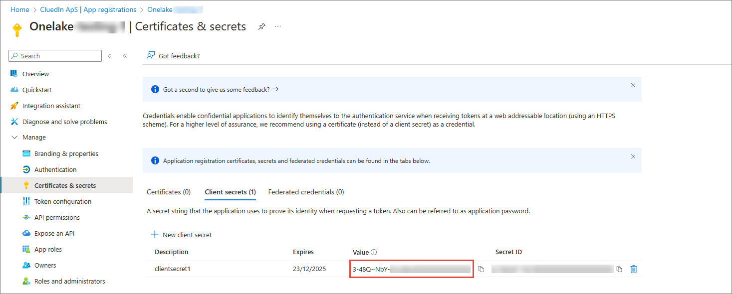 The Certificates & secrets page listing the new client secret, with its Value highlighted