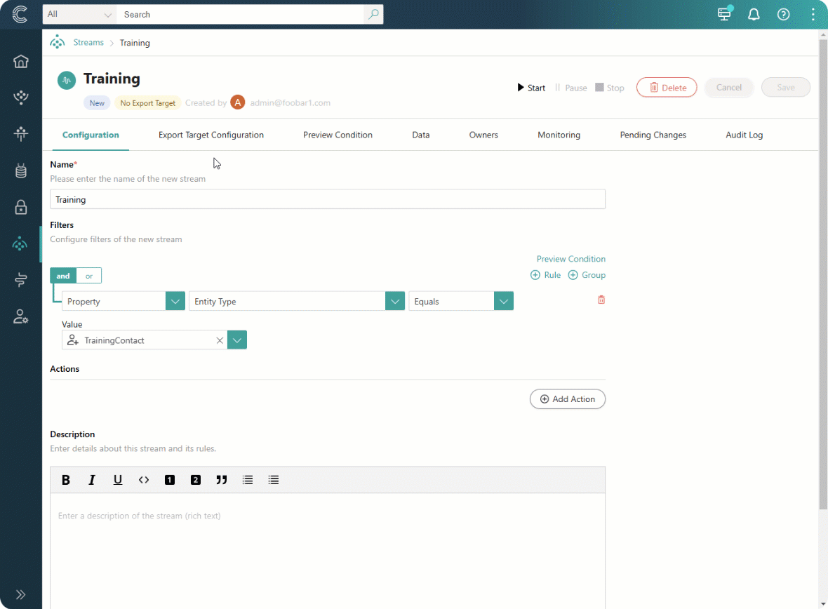 Animation: on Export Target Configuration, a connector is chosen, the target name and streaming mode are set, and properties are selected
