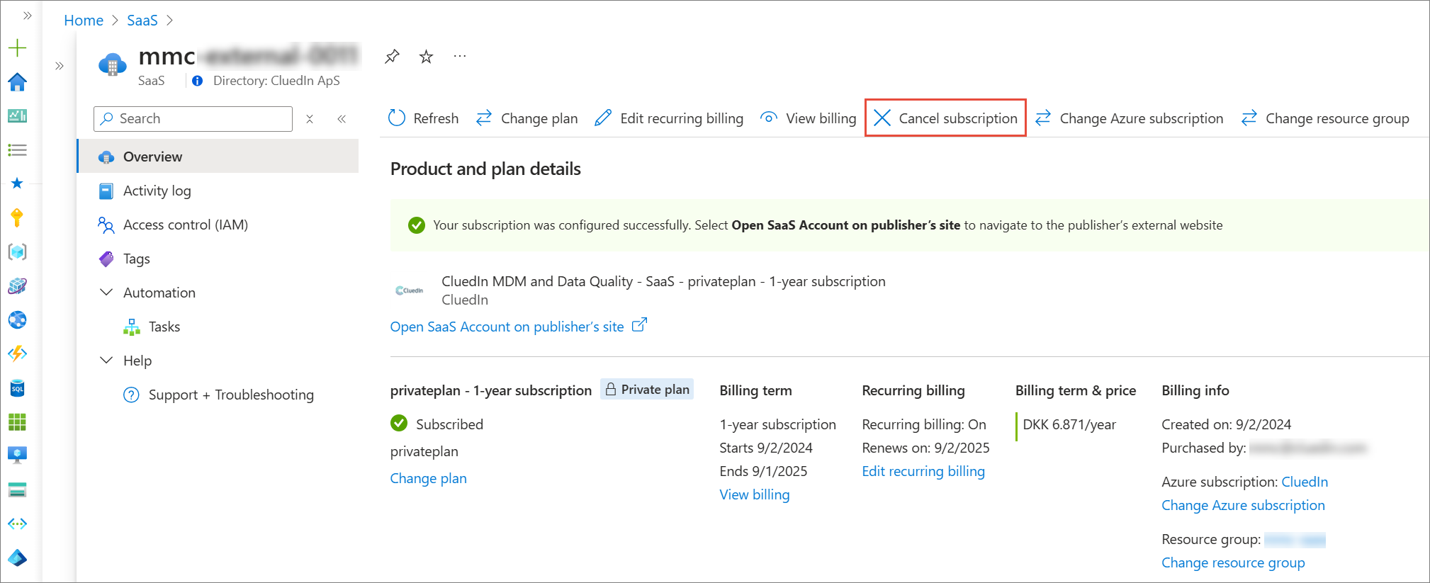 CluedIn SaaS subscription page in the Azure portal with the Cancel subscription button highlighted