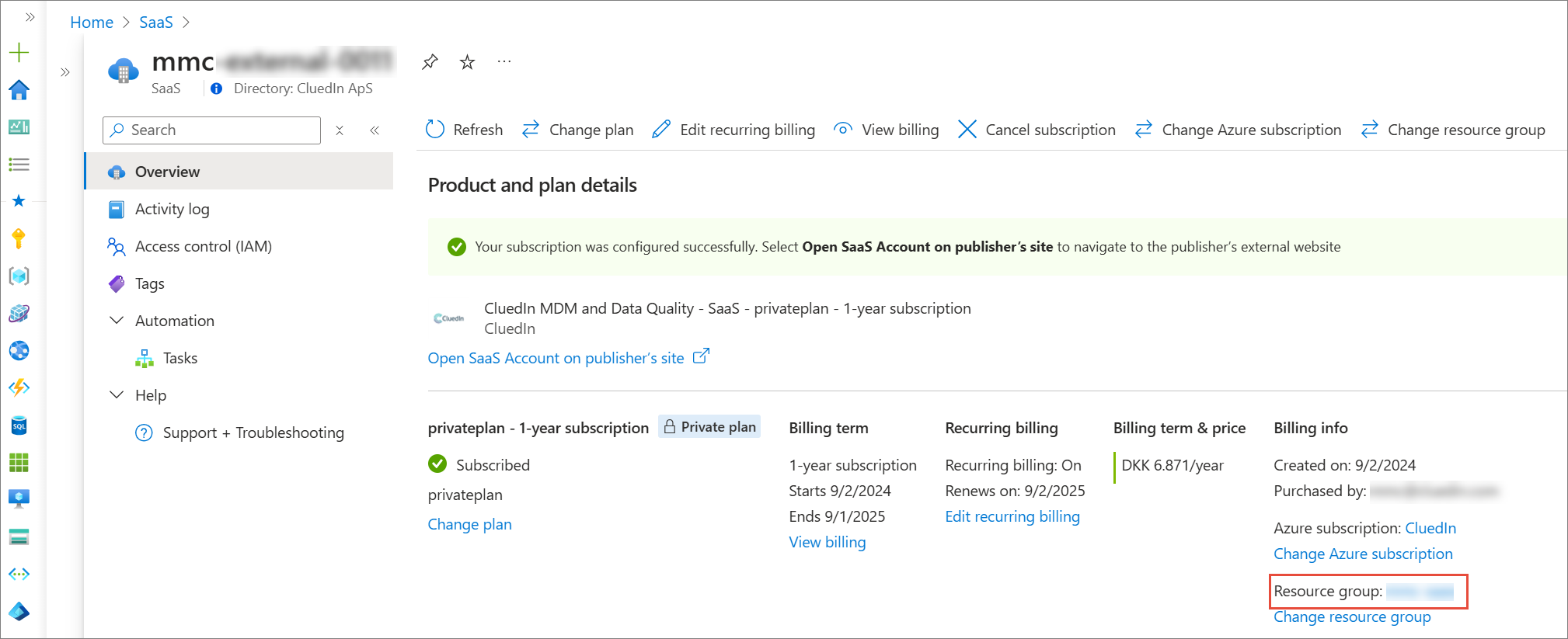 CluedIn SaaS subscription page with the Resource group link highlighted in the billing info section