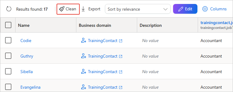 Search results page with 17 results and the Clean action highlighted in the toolbar