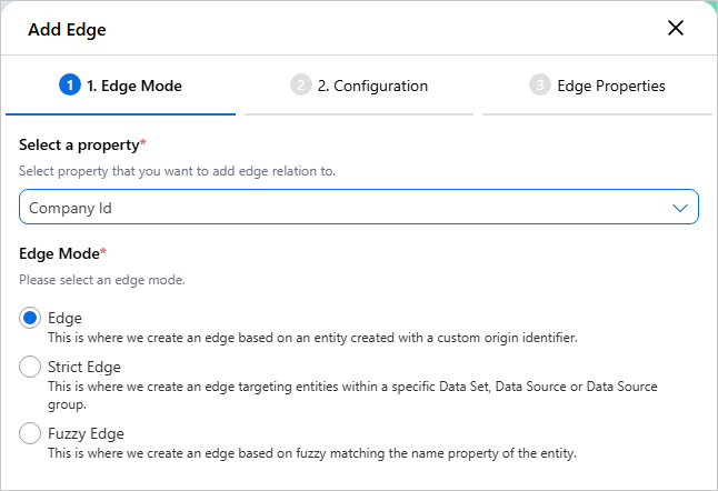 The Edge Mode step of the Add Edge dialog with the Company Id property selected and Edge chosen as the edge mode