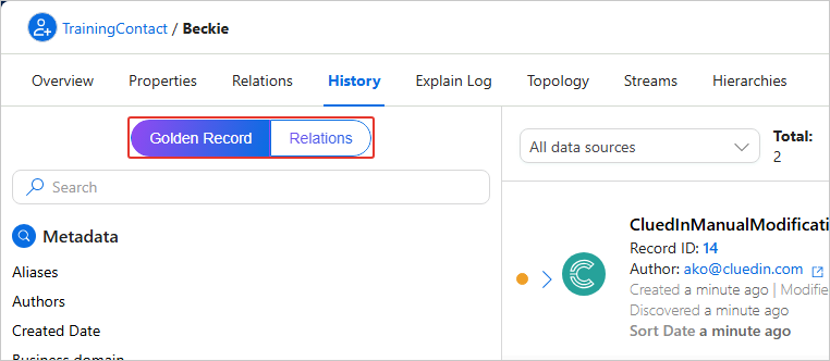 The History tab of a golden record with the Golden Record and Relations switch highlighted