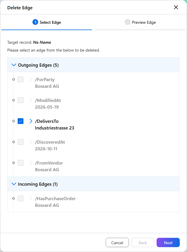 Delete Edge panel on the Select Edge step, listing outgoing and incoming edges with /DeliversTo Industriestrasse 23 selected