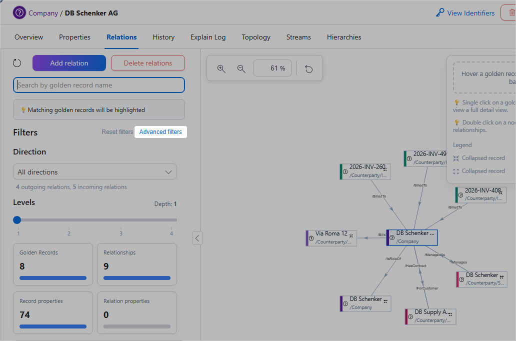 Relations tab settings panel with the Advanced filters link highlighted next to Reset filters