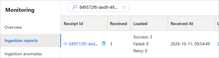Ingestion reports on the Monitoring tab, with a receipt ID pasted in the search box and the matching request in the table