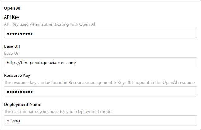 The Open AI settings with the API Key, Base Url, Resource Key and Deployment Name fields filled in