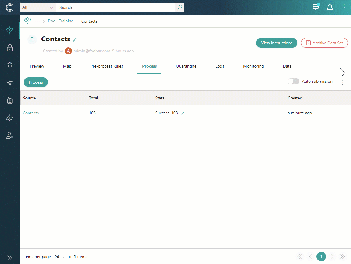 Animation: opening Retention settings from the Process tab menu, enabling retention, choosing 2 months old, and saving