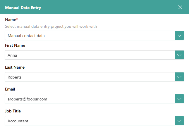Manual Data Entry pane with a project selected in Name and the First Name, Last Name, Email and Job Title fields filled in