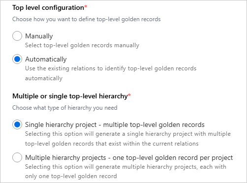 Top level configuration set to Automatically, and Single hierarchy project - multiple top-level golden records selected