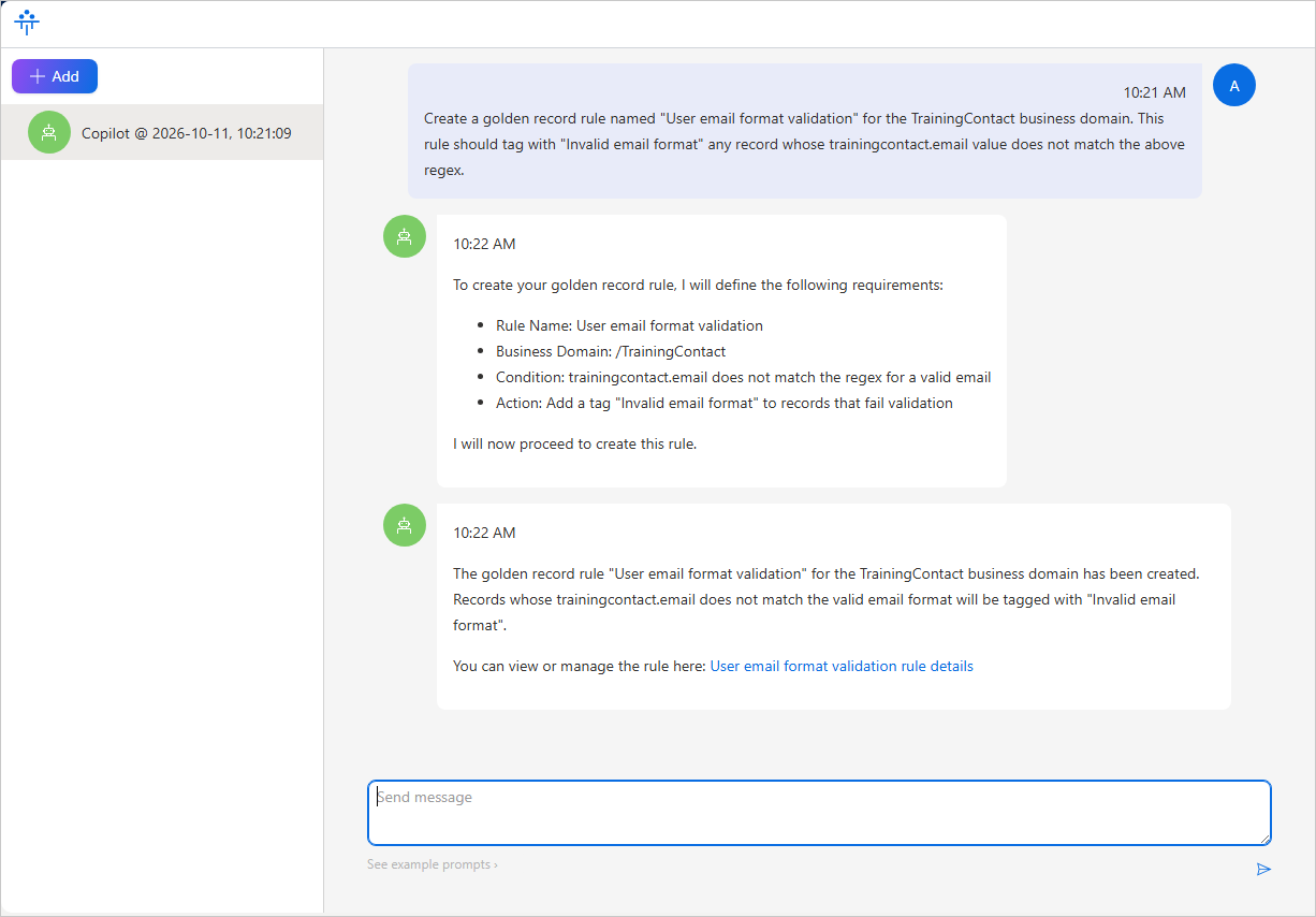 Copilot chat creating the golden record rule User email format validation that tags TrainingContact records with Invalid email format