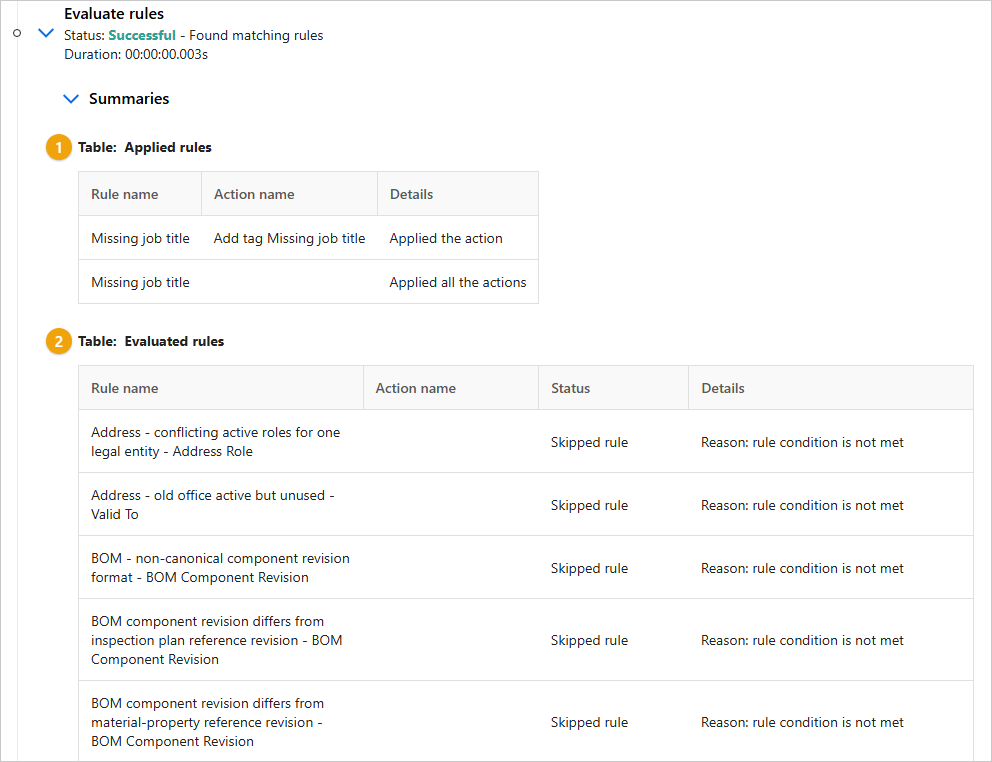 The Evaluate rules operation Summaries with the Applied rules table and the Evaluated rules table showing skipped rules and reasons