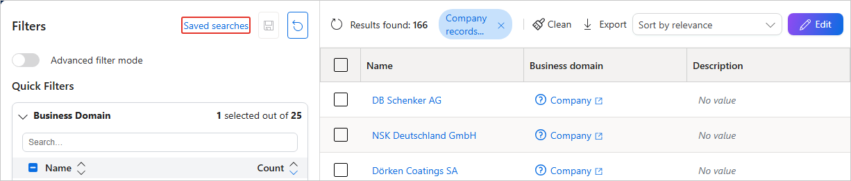 Search results page with the Saved searches link highlighted in the Filters pane and a saved search applied