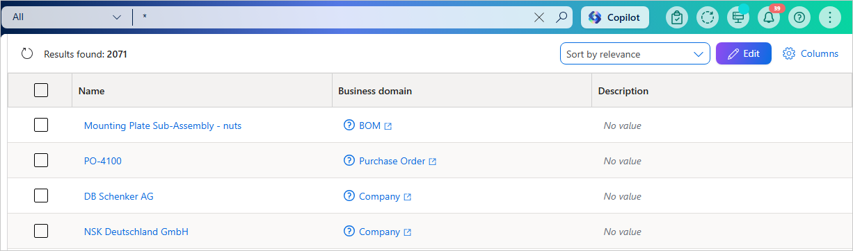 Search results page in tabular view with the Name, Business domain, and Description columns, plus sorting, Edit, and Columns controls