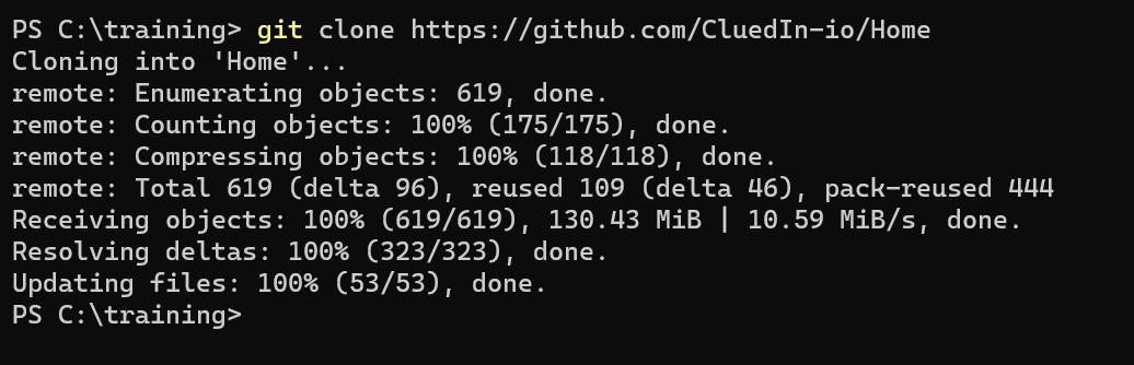 Terminal output of git clone https://github.com/CluedIn-io/Home, ending with Updating files 100% done