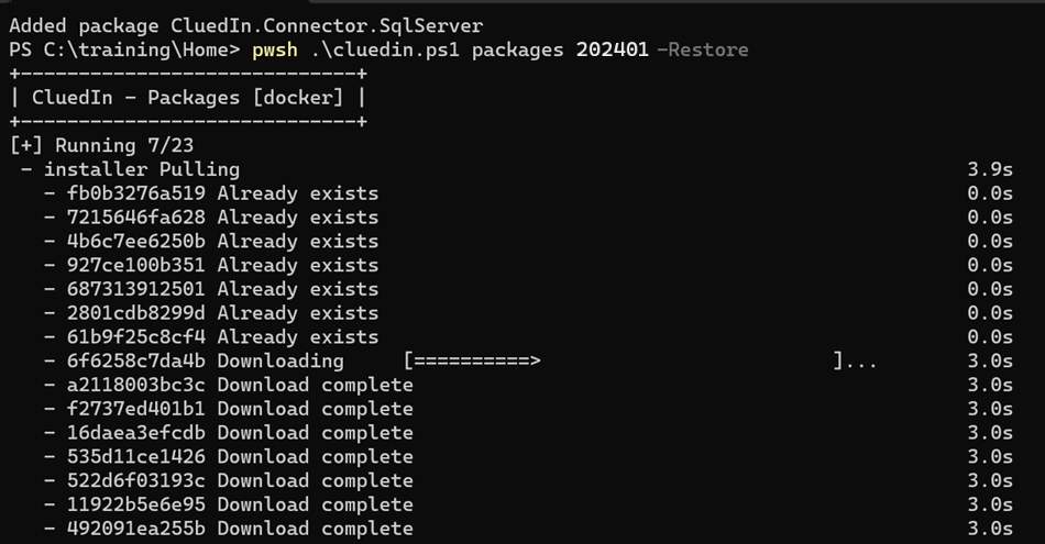 Terminal output of pwsh .\cluedin.ps1 packages 202401 -Restore, with the installer image layers downloading