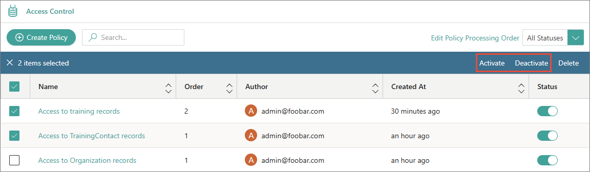 The Access Control policy list with two policies selected and the Activate and Deactivate actions highlighted in the toolbar
