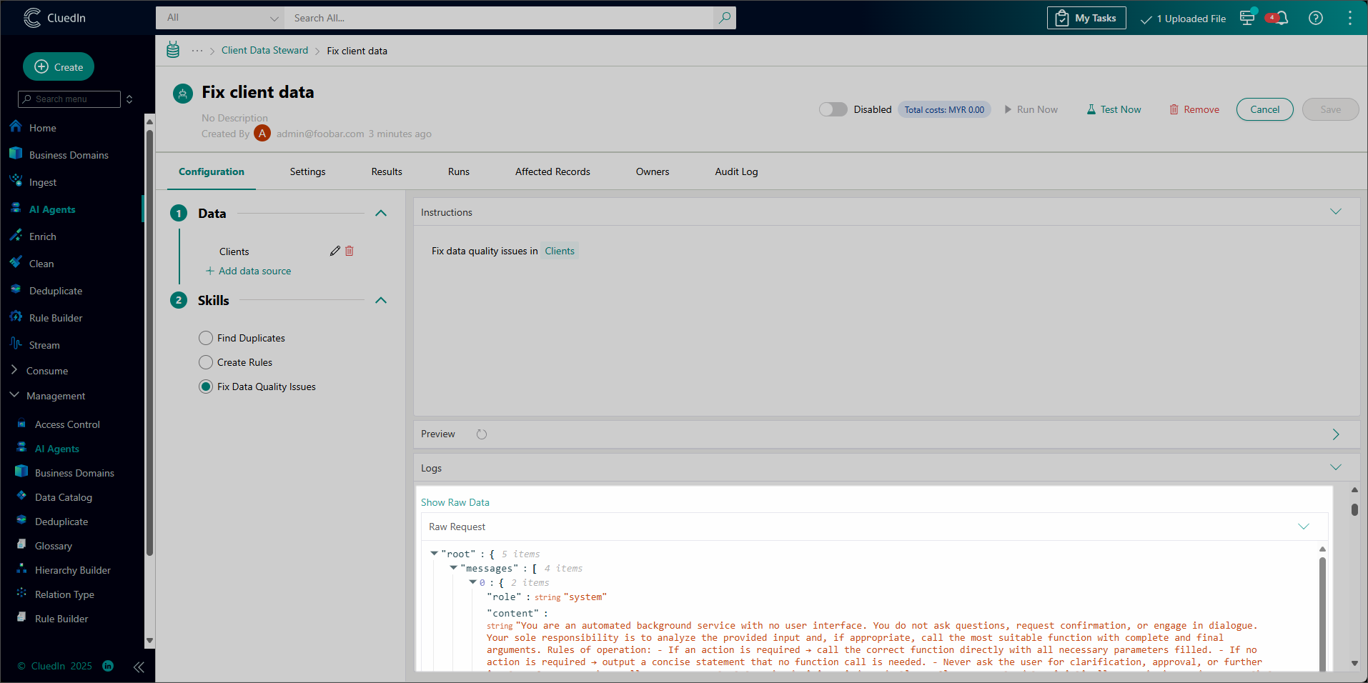 An AI agent job Configuration tab with the Logs section expanded, showing the Show Raw Data button and the raw JSON request sent to the LLM