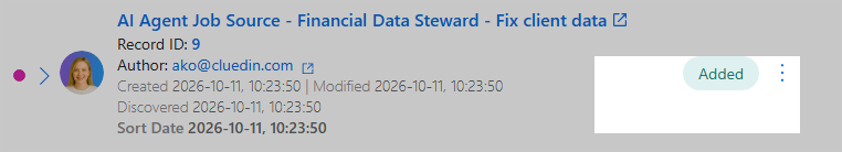 AI Agent Job Source record on the History tab with its three-dot menu in the upper-right corner