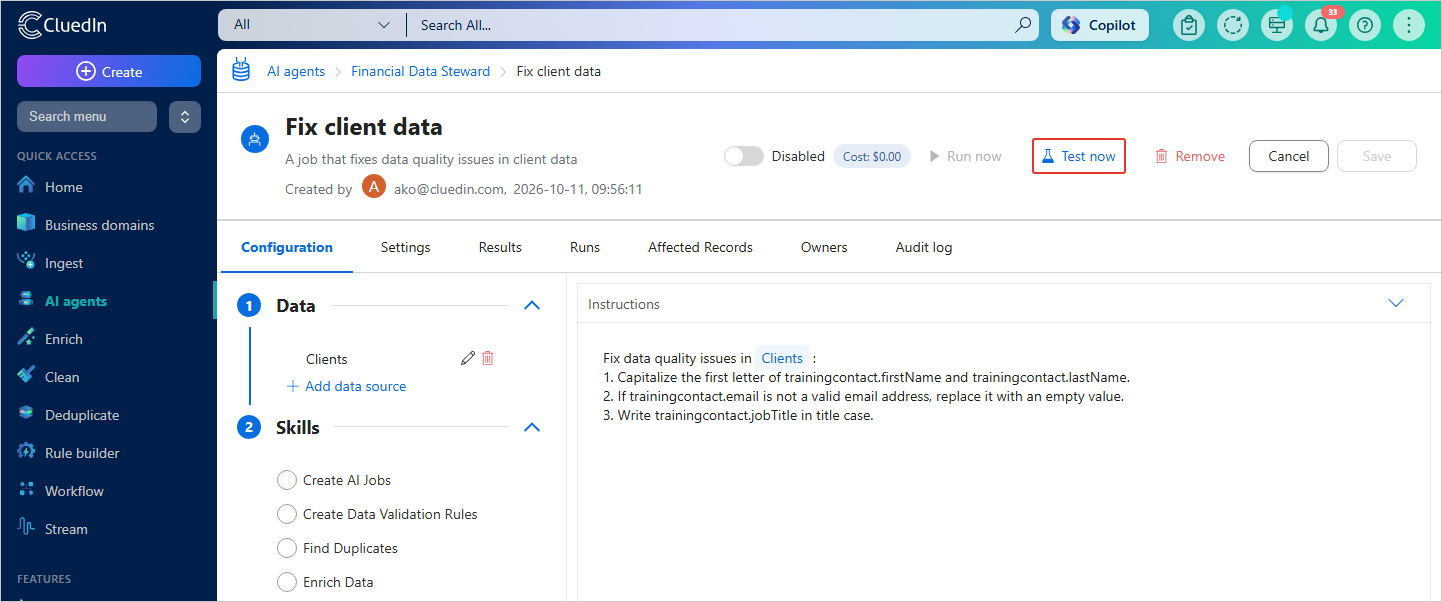 The AI agent job page with the Test now button highlighted in the upper-right corner