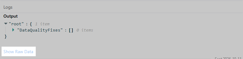 The Logs section of an AI agent job with the Show Raw Data button highlighted below the output