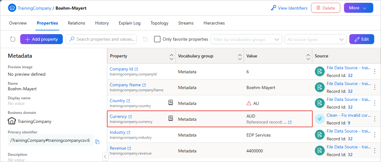 Golden record Properties tab where the Currency value is now AUD with a referenced record link, no longer marked invalid