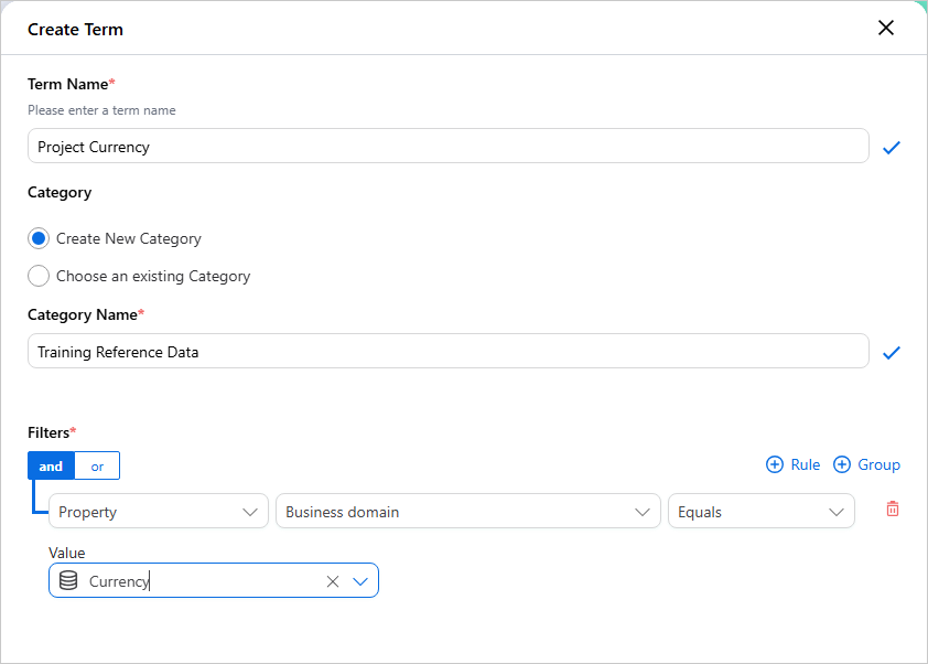 The Create Term pane for Project Currency in a new Training Reference Data category, with a filter where Business domain equals Currency