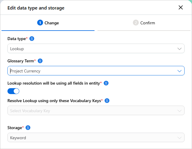 The Edit data type and storage pane with Data type set to Lookup and Glossary Term set to Project Currency