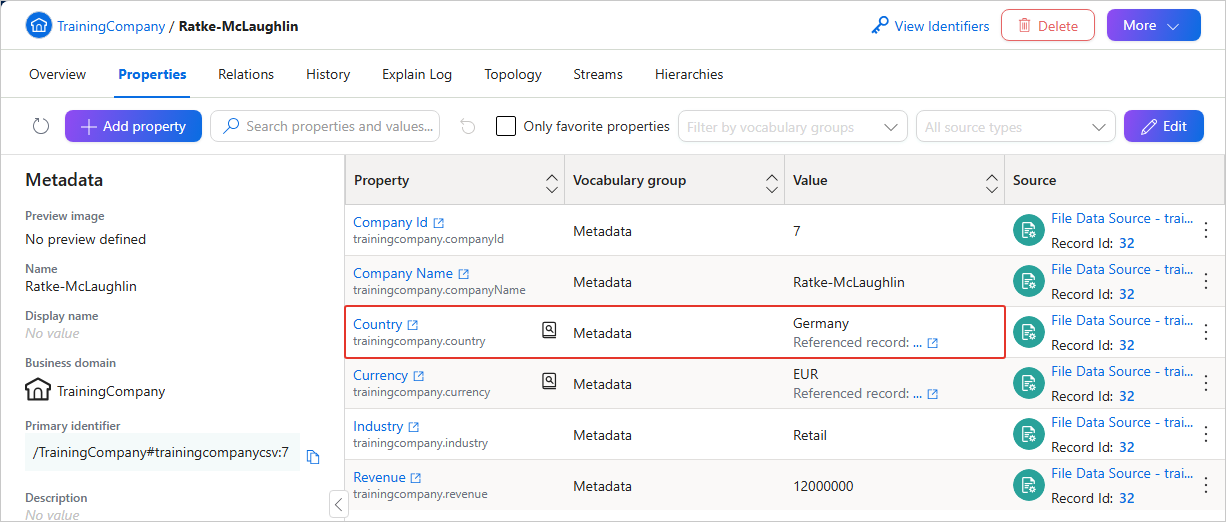 Golden record Properties tab with the Country property highlighted, showing the full name Germany and a referenced record link