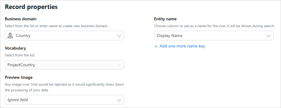 Record properties section of the mapping, with business domain Country, vocabulary ProjectCountry and Entity name set to Display Name