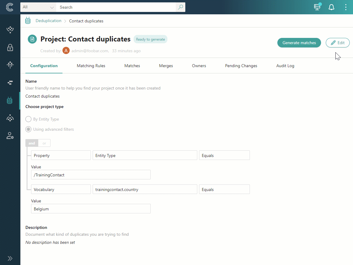 Animation: selecting Edit then Archive in a deduplication project and confirming, after which the project status becomes Archived