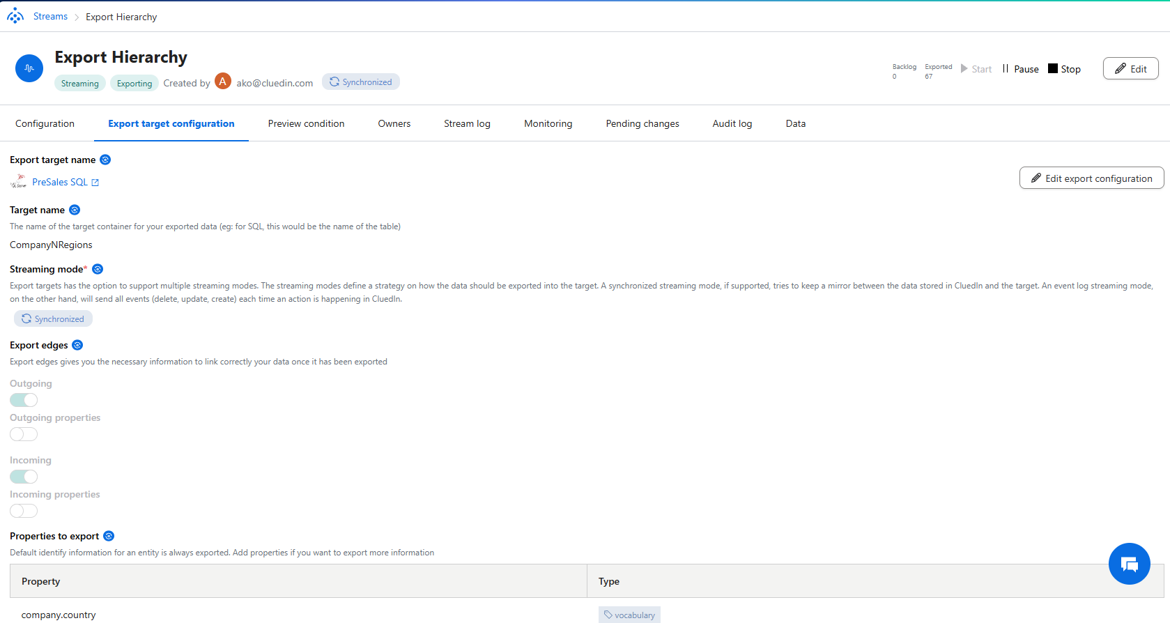 Export Hierarchy stream Export target configuration tab: PreSales SQL target, target name CompanyNRegions, Synchronized mode, outgoing and incoming edges on