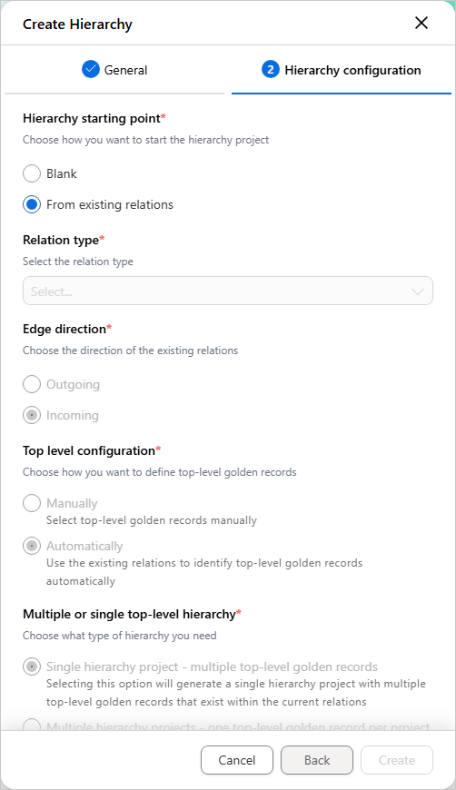 Hierarchy configuration tab with From existing relations selected, showing the Relation type, Edge direction and top-level options