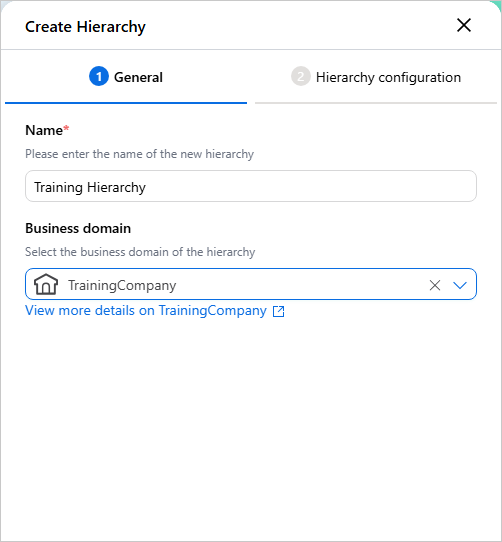 General tab of the Create Hierarchy pane with a hierarchy name entered and TrainingCompany selected as the business domain