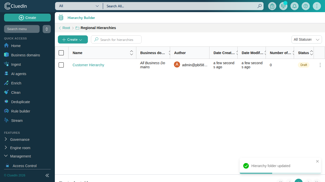 Inside the Regional Hierarchies folder, with a Root breadcrumb above the list showing Customer Hierarchy